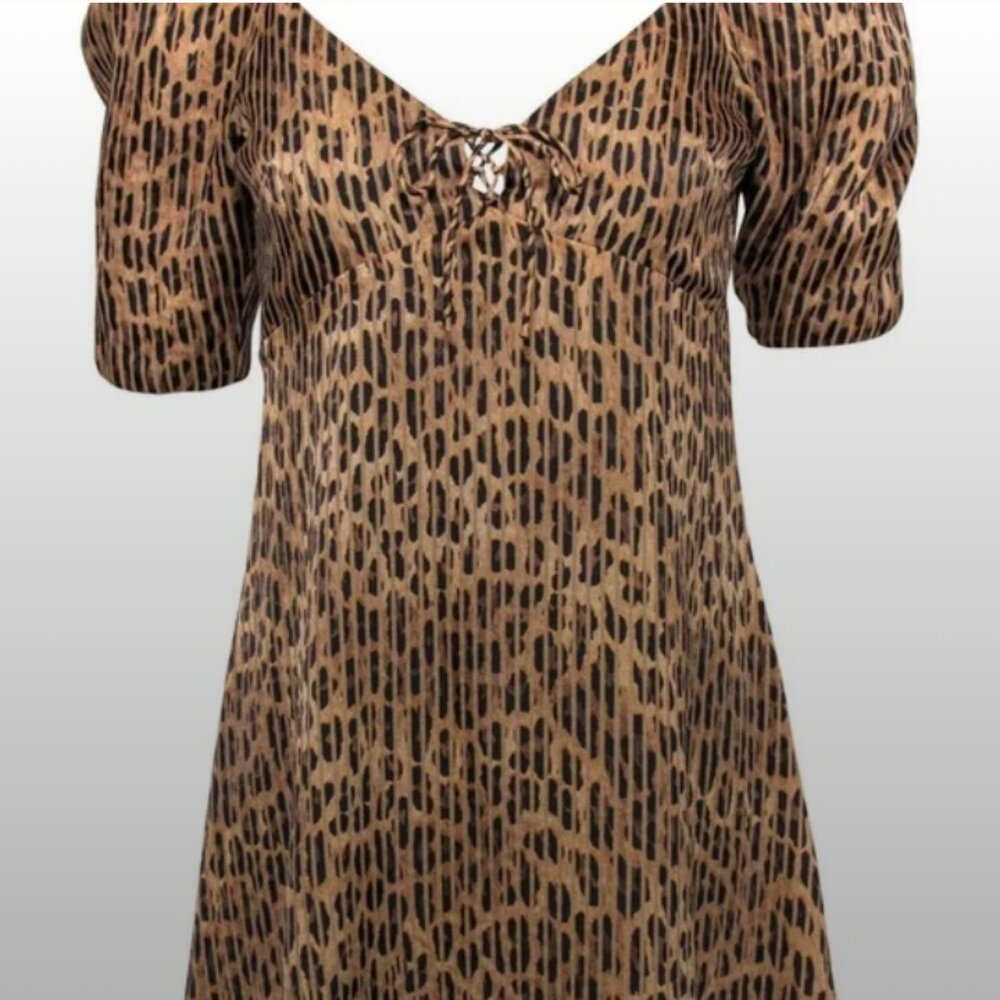 Alice + Olivia Brown Leopard Ruched Puff Sleeve Mini Dress